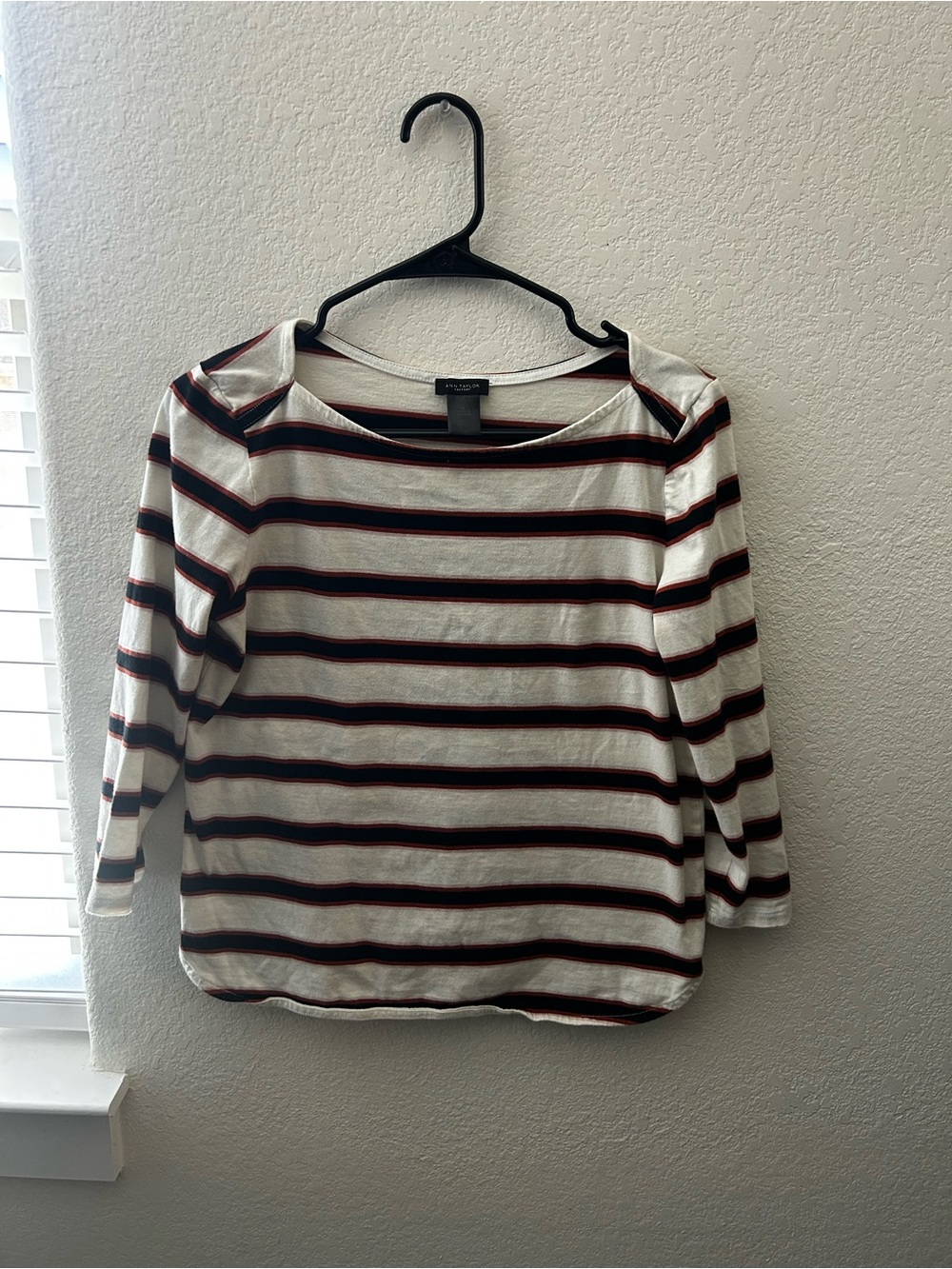 Ann Taylor White Striped Boatneck Top - Navy & Burgundy